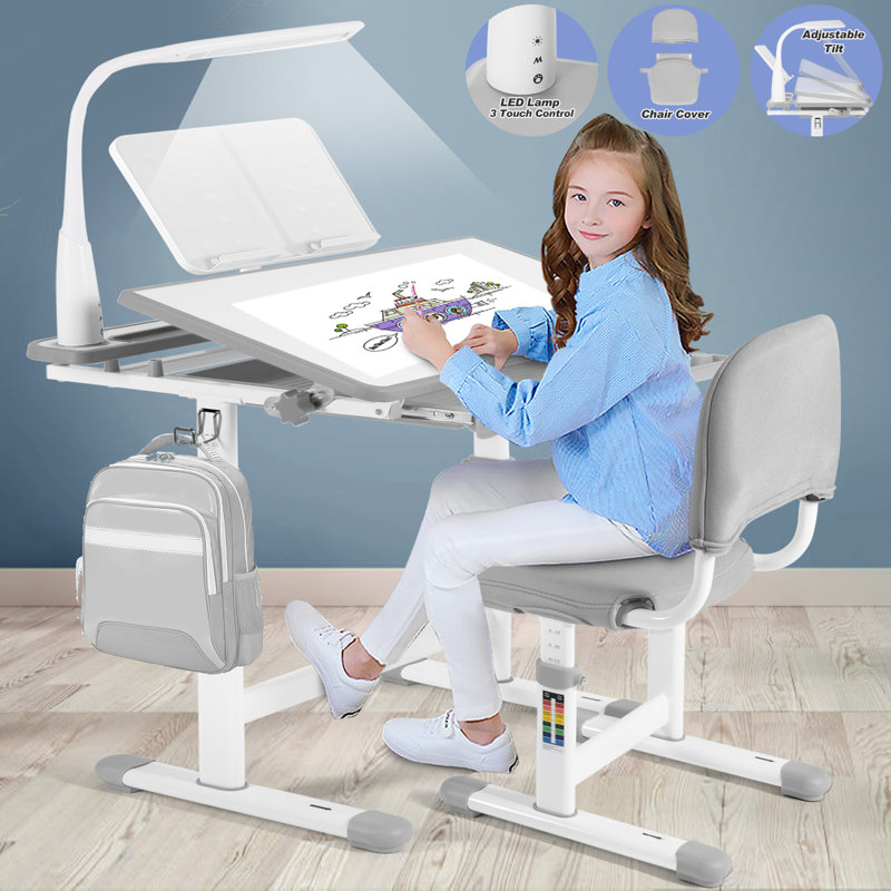 Zoomie Kids Overby Kids Study Desk And Chair Set Height Adjustable Children School Girl Table Large Writing Board Desk With Led Lamp Pull Out Drawer Pencil Case Bookstand Wayfair